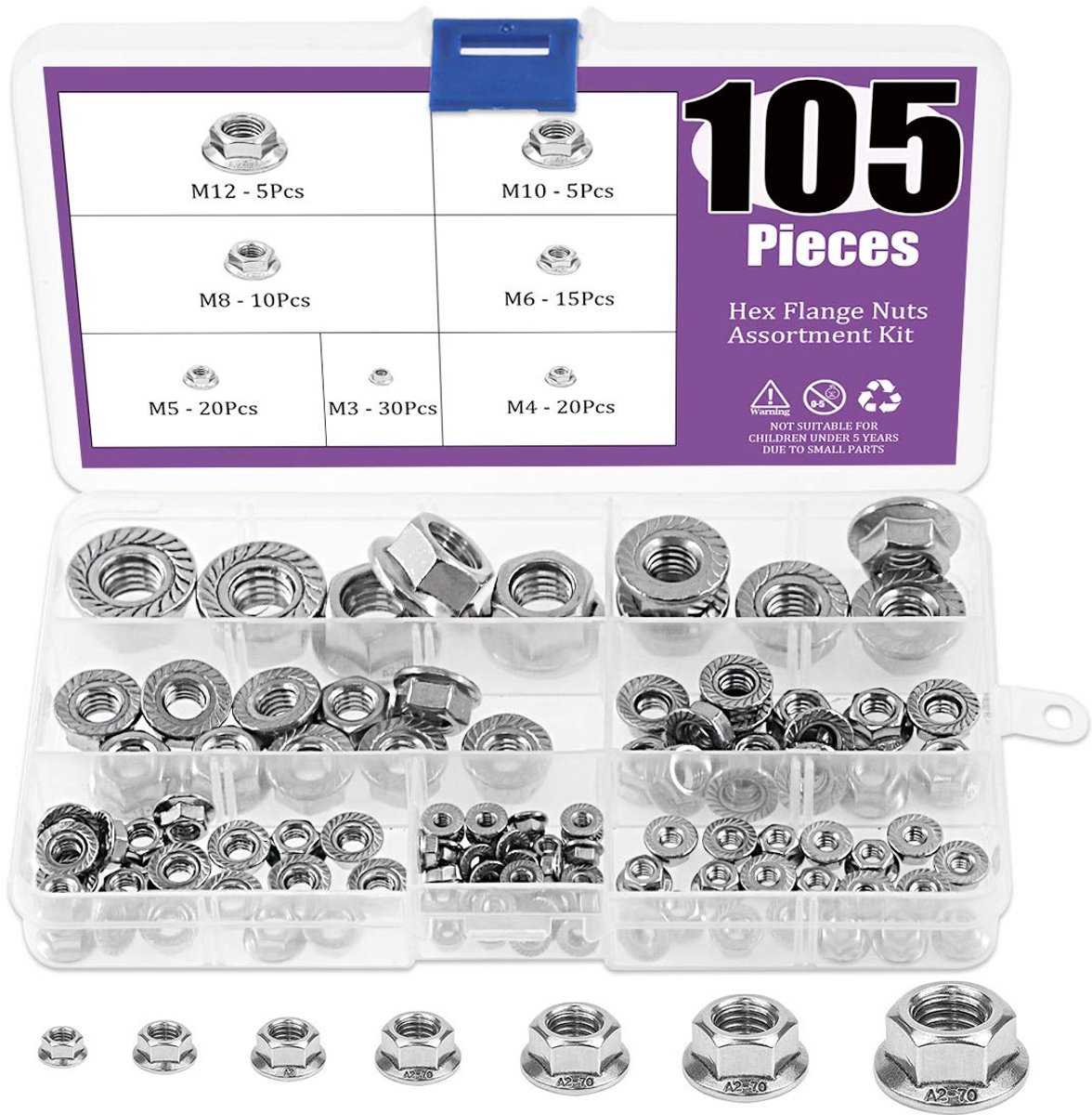 105pcs 304 Stainless Steel Carved Metric Flange Nuts Hex Lock Nuts Assortment Kit - M3 - M4 - M5 - M6 - M8 - M10 - M12 - Hoogwaardige bevestigingsmaterialen - Duurzaam gereedschap