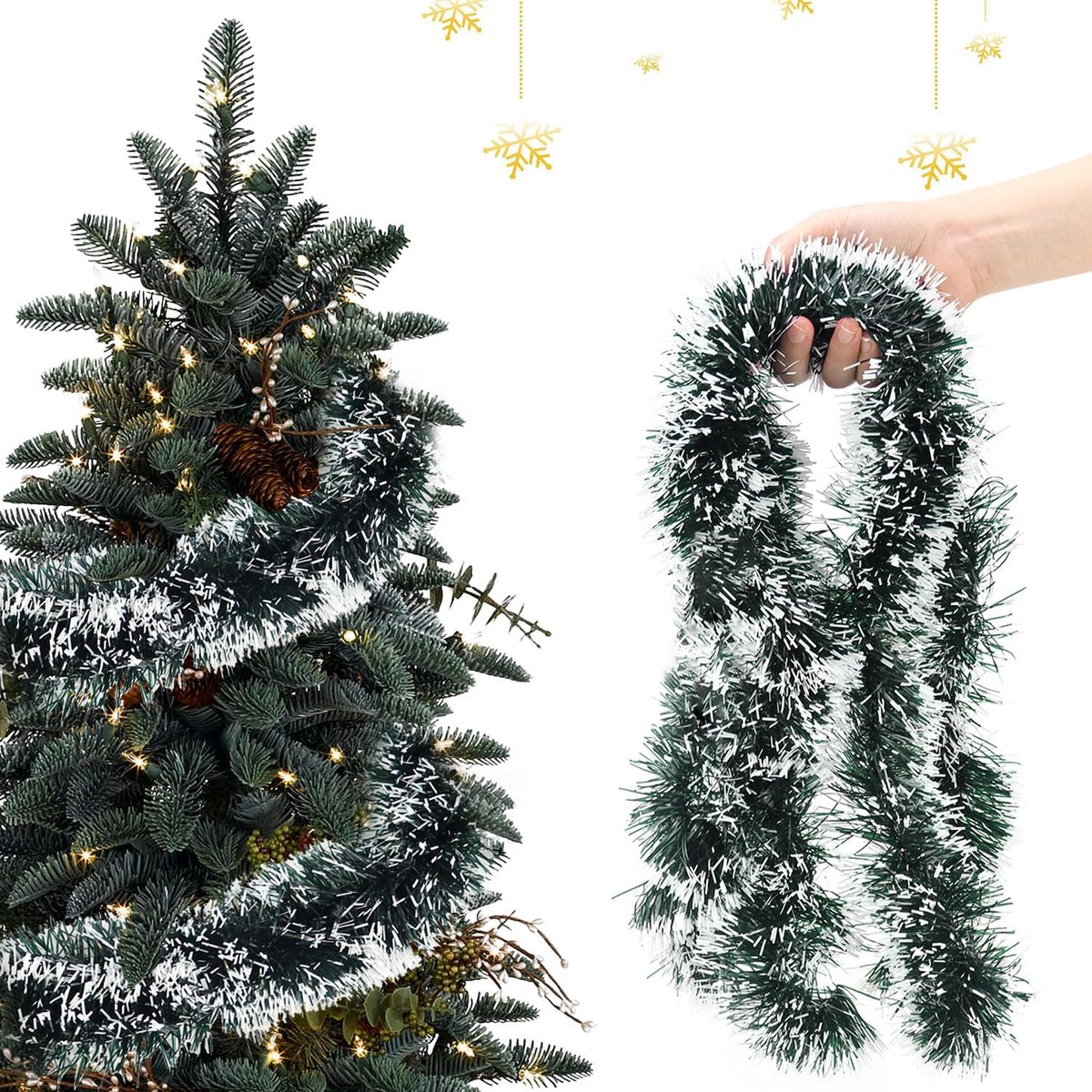 Kerstdecoratie - Kunstmatige dennenkrans - Realistisch uitziende 10m lange kunstmatige guirlandes - Groene en witte buiten- en binnen kerstguirlande voor trap en open haard (Verpakking van 5)