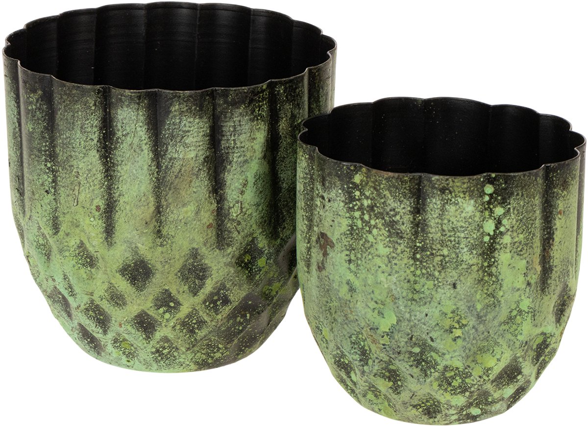 Vintage metalen bloempot, groen, Ø14/12 cm, set van 2