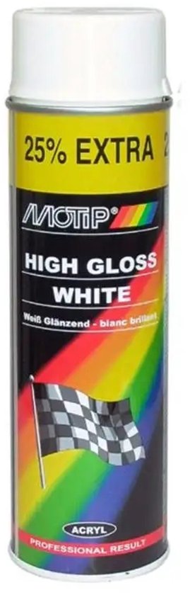 Motip spuitbus Acryl Hoogglans Wit. Met 25% extra inhoud en een racevlag design. Professioneel resultaat.