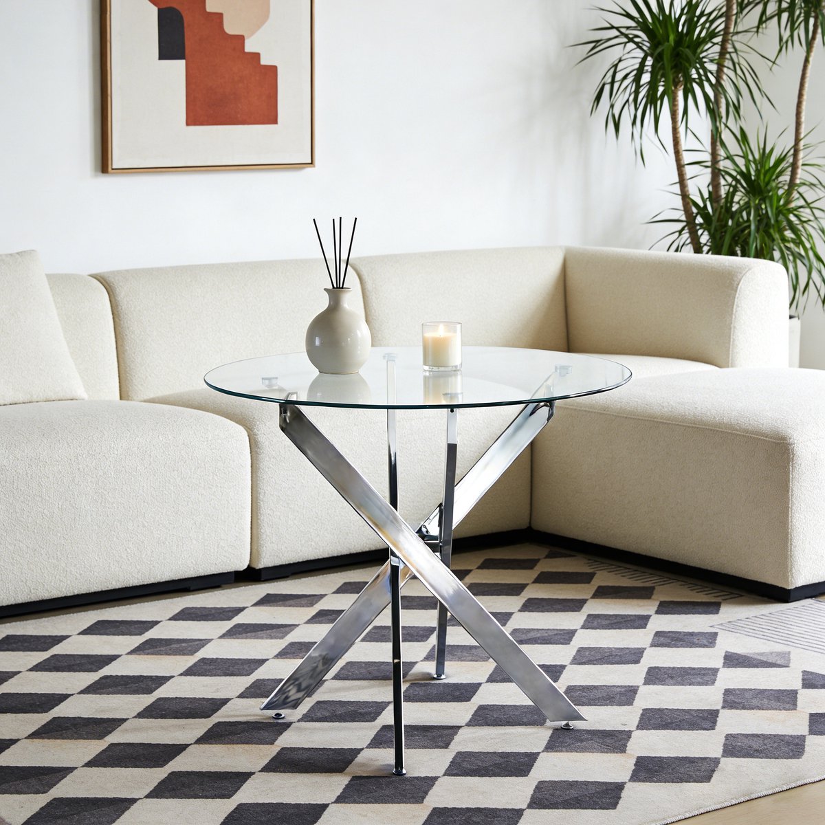 FloraGrace Eettafel - Ronde Tafel Met Glazen Blad En Metalen Poten - Voor Keuken En Woonka