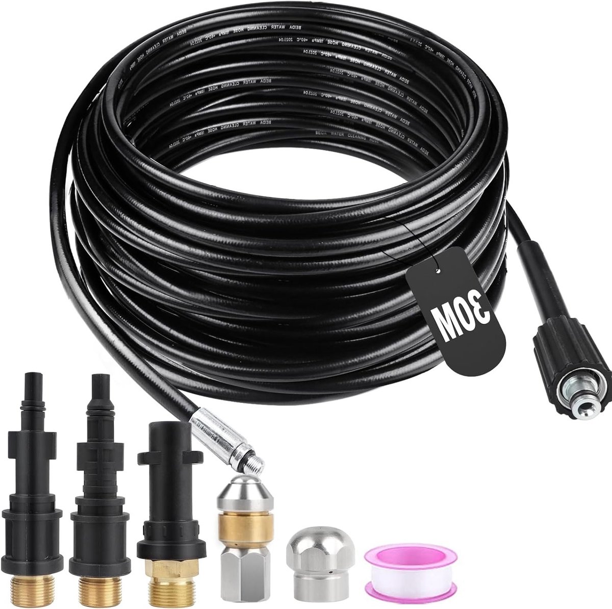 Professionele 30M Hoge Druk Slangreinigingsset met Spraykoppen en 3 Adapters voor Kärcher, Lavor en Bosch 180bar 60°C