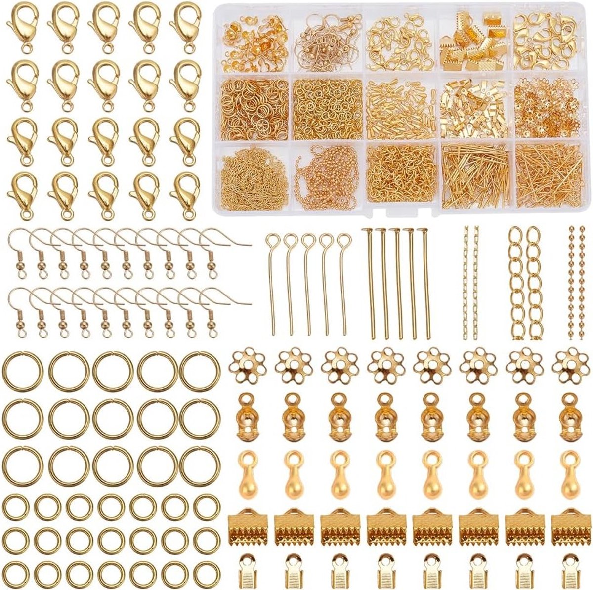 870 Stuks IJzeren Pins en Klemmen voor Sieraden - Bead Caps, Draad Beschermers, en Kralenklemmen in Goudkleur