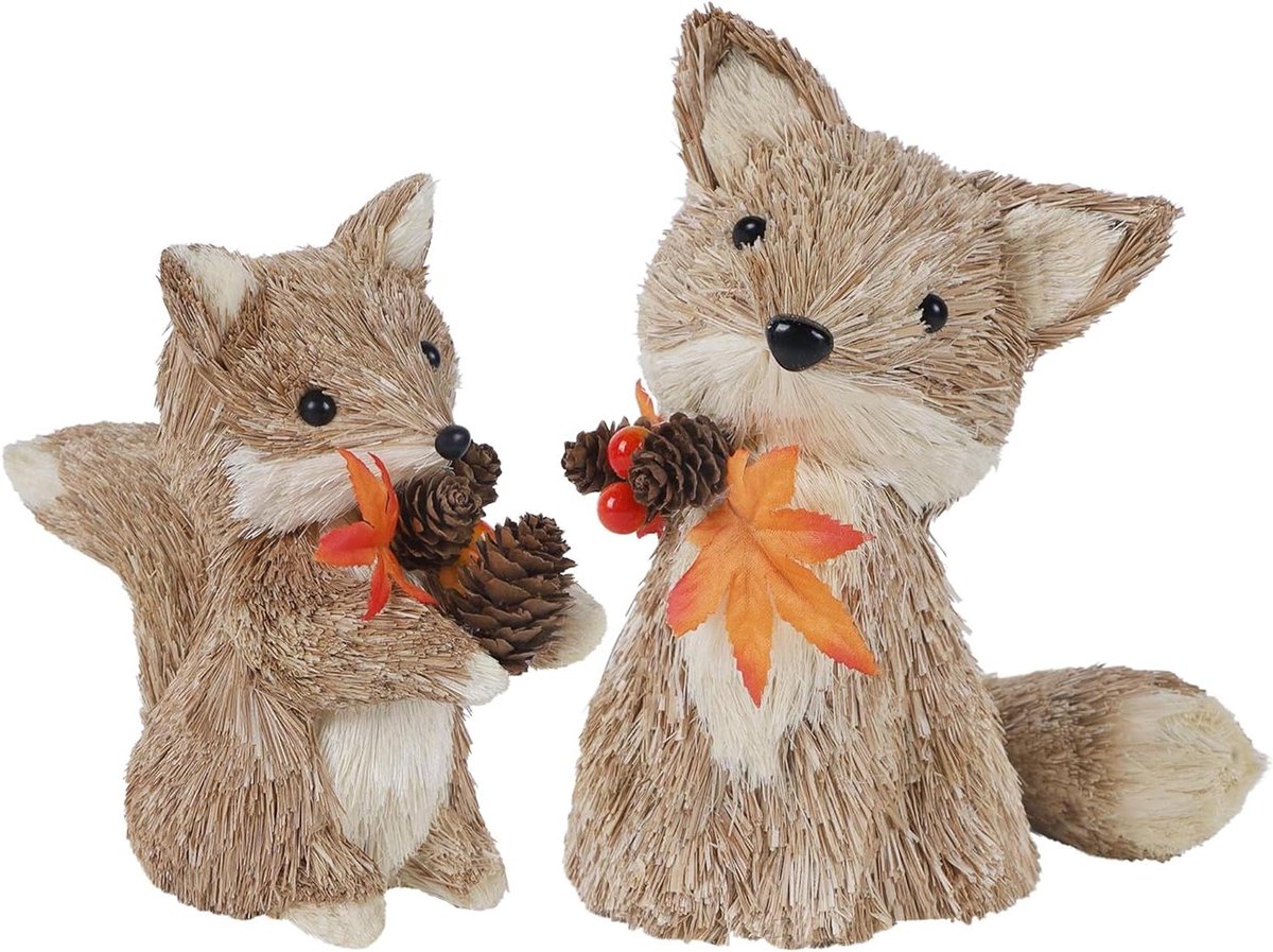 Sisal Vos Decoratie - Herfst Beeldjes - Tafel Decoreren - Handgemaakt Met Dennenappels - Set Van 2 - Bruin