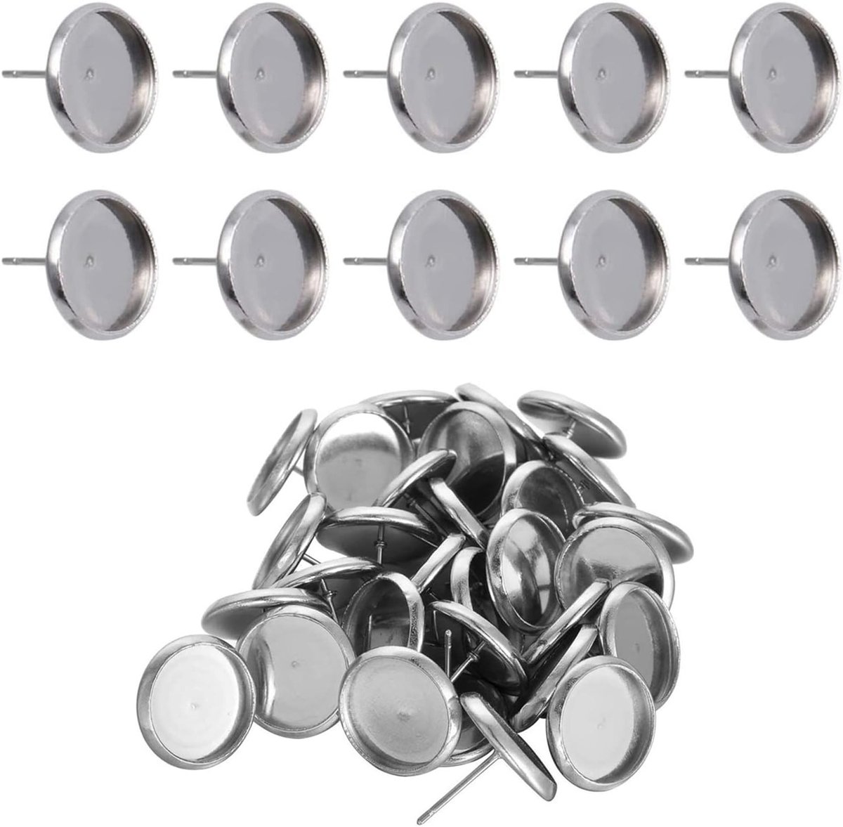 40 Stuks Stud Oorbellen, Onbewerkte RVS Cabochons, Earring Sluitingen voor DIY Sieraden, 12mm, Perfect voor Creatieve Projecten en Oorbellen Maken