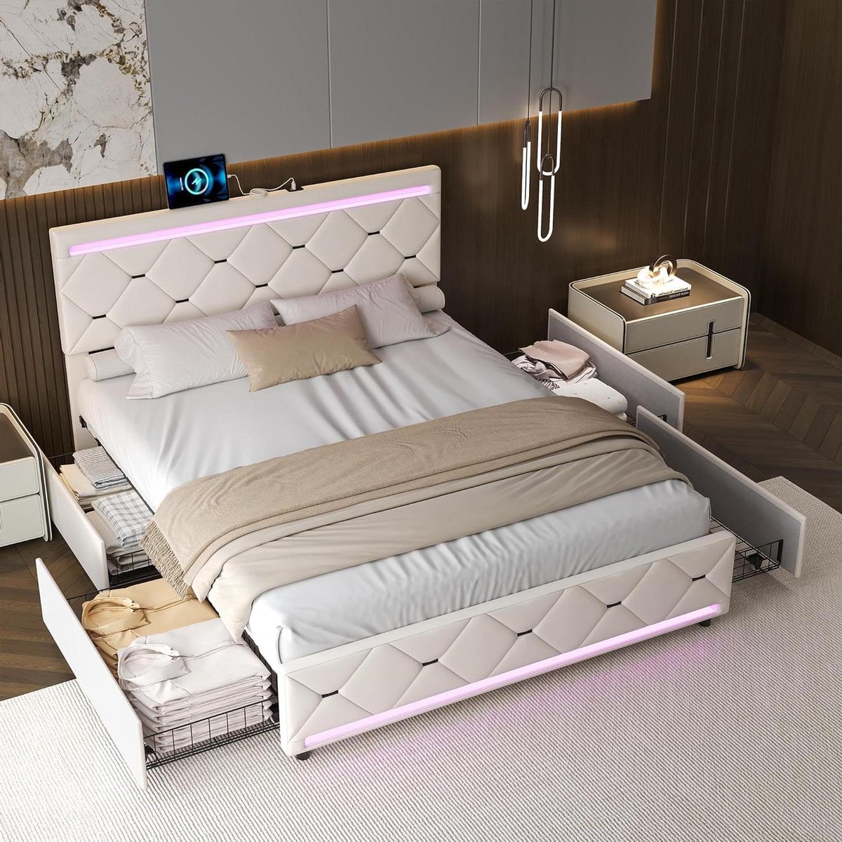 Tweepersoonsbed Gestoffeerd - Bed met Opbergruimte - Slaapkamer Organisatie - Geïntegreerd USB Laadstation - 140 x 190 cm - Beige
