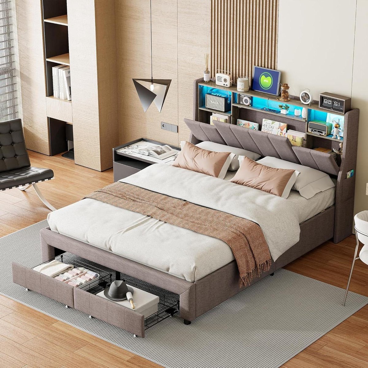 Gestoffeerd Tweepersoonsbed - Linnen Bed Modern Bed - Slaapkamer Organisatie - Met Ledverlichting en USB - 160x200 cm - Grijs