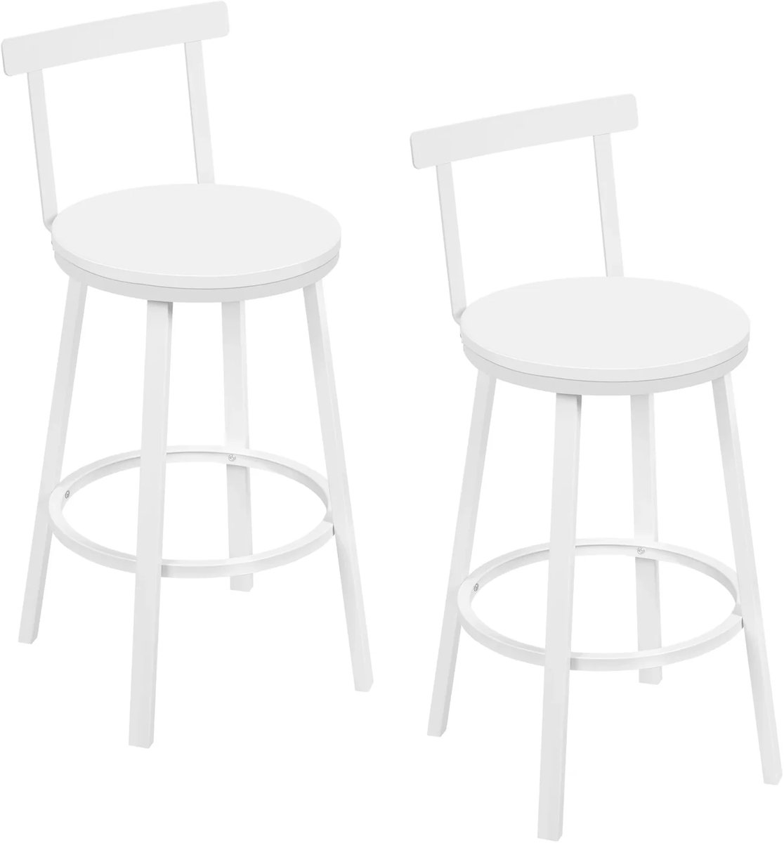 BukkitBow - Set van 2 Industriële Barkrukken - Houten Zitting - Met Rugleuning & Voetsteun - Stalen Frame - Keuken & Eetkamer - Wit