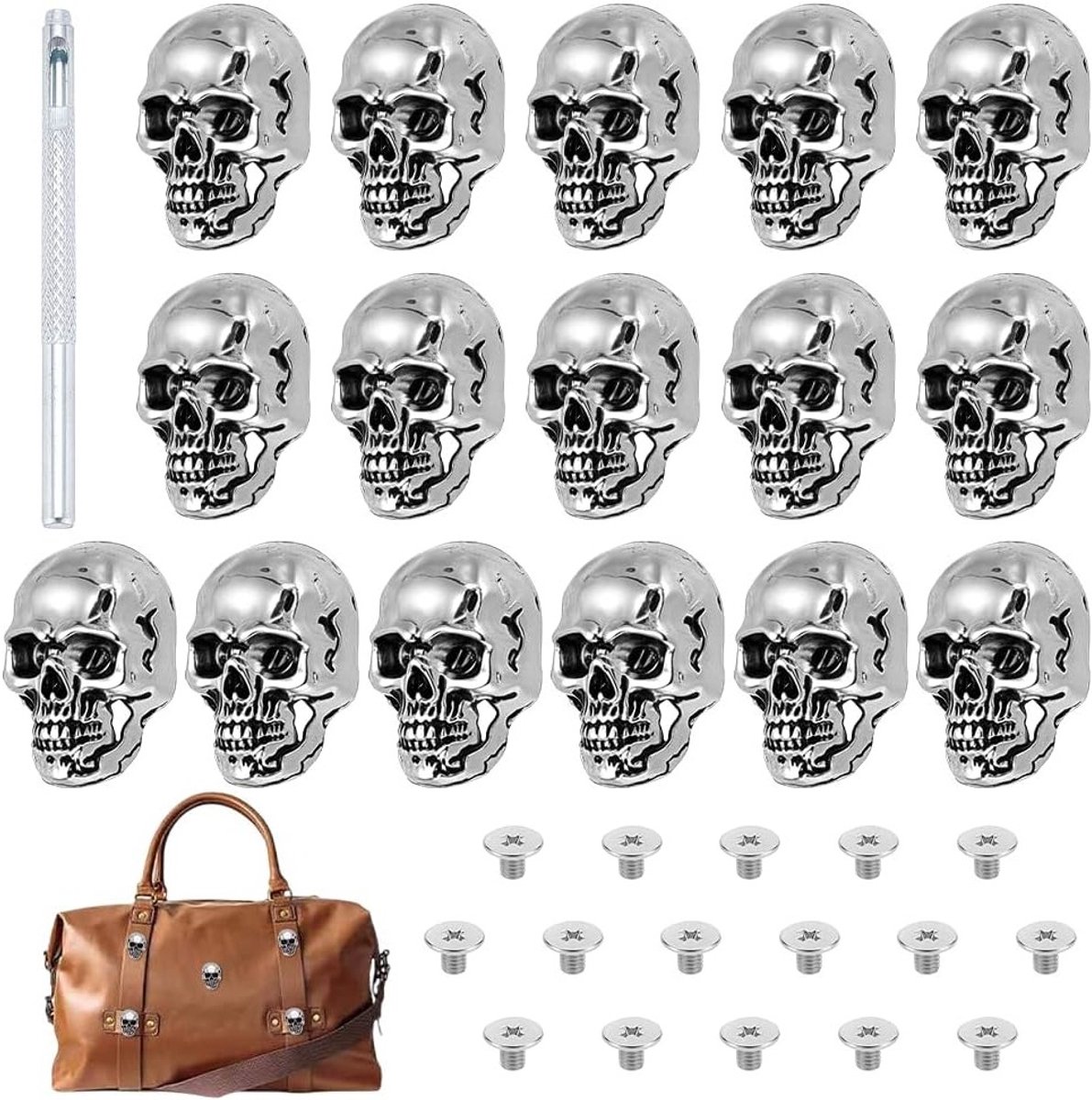 16 Stuks Antieke Skull Studs, Zilveren Skull Oorbellen en Decoratieve Rivets voor Riemen, Tassen en DIY Projecten