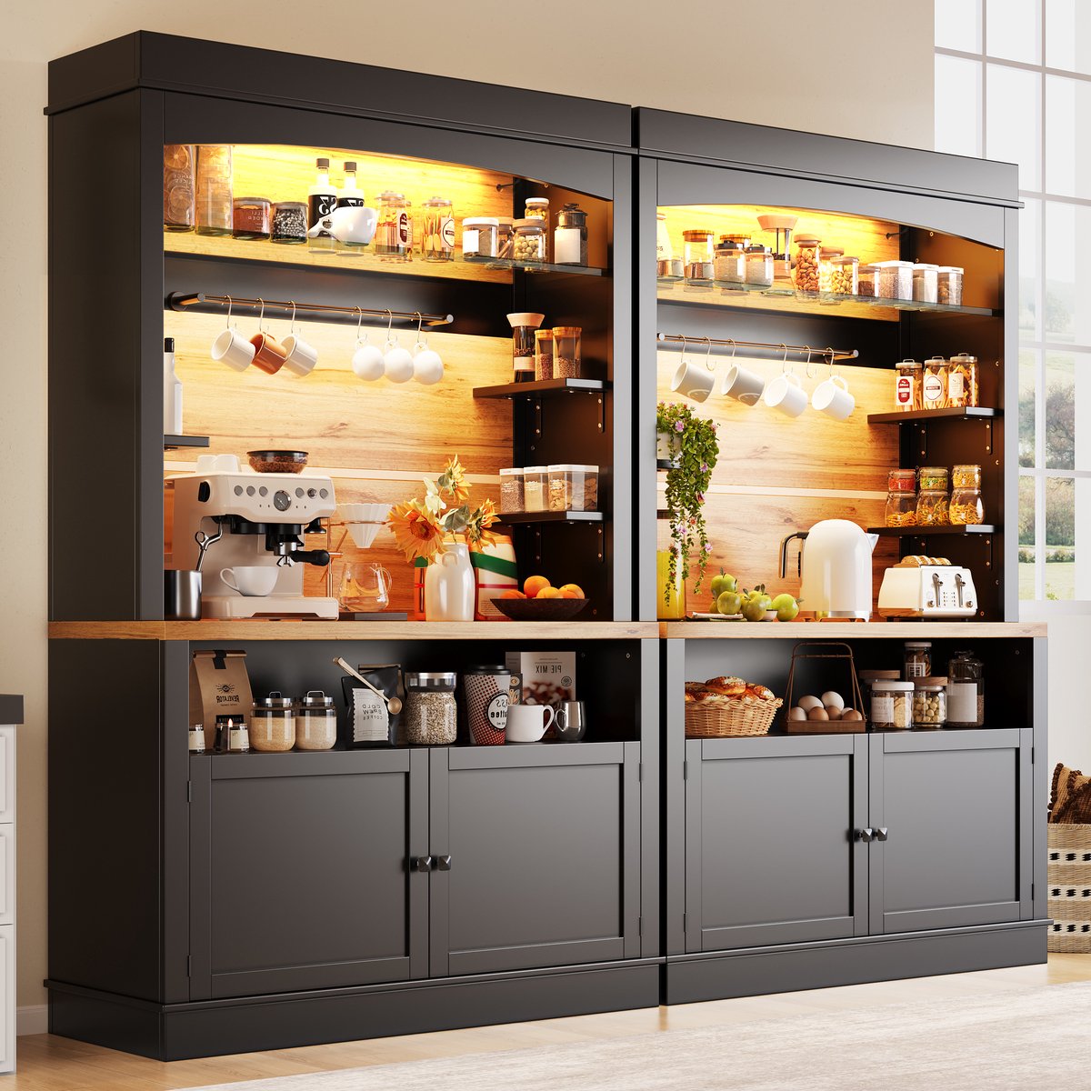 MIVRAY Keukenkast - Hoge Opbergkast Met Ledverlichting En 2 Deuren - Voor Keuken En Woonkamer - MDF Metaal - 107x43x184 Cm - Zwart
