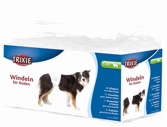 Verpakking Trixie hondenluiers voor reuen maat S-M, met een Australische herdershond op de verpakking.