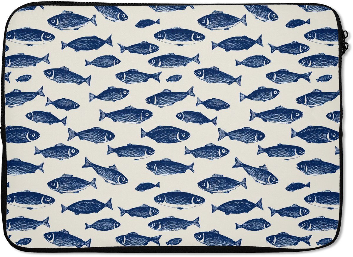 Laptophoes 14 inch - Vissen - Patroon - Blauw - Wit - Laptop sleeve - Binnenmaat 33x23 cm - Zwarte achterkant