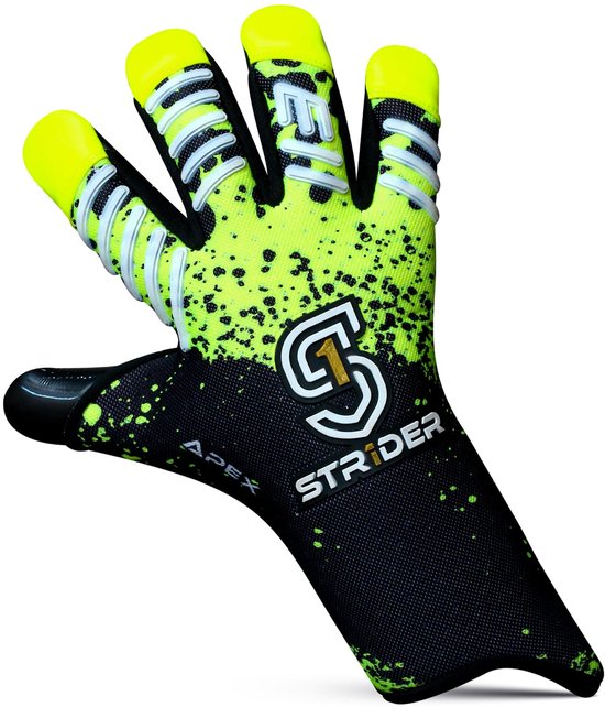 Zwarte keepershandschoen met gele en groene spetters en logo "S1 STRIDER".