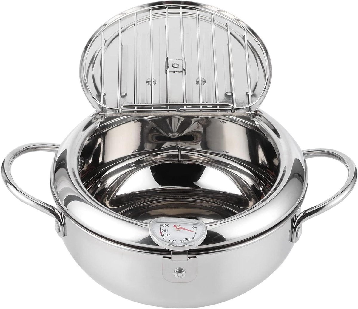 Friteuse Roestvrij Staal - Kleine Friteuse Pan - Thuis Frituren - Met Geïntegreerde Thermometer - 24 cm Diameter - Zilver
