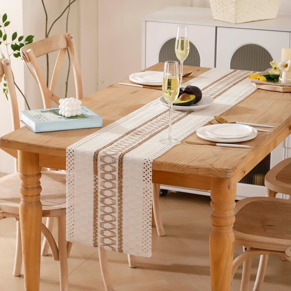 Tafelloper Macramé - Boho Runner - Tafeldecoratie - Handgeweven textuur - 30 x 200 cm - Wit