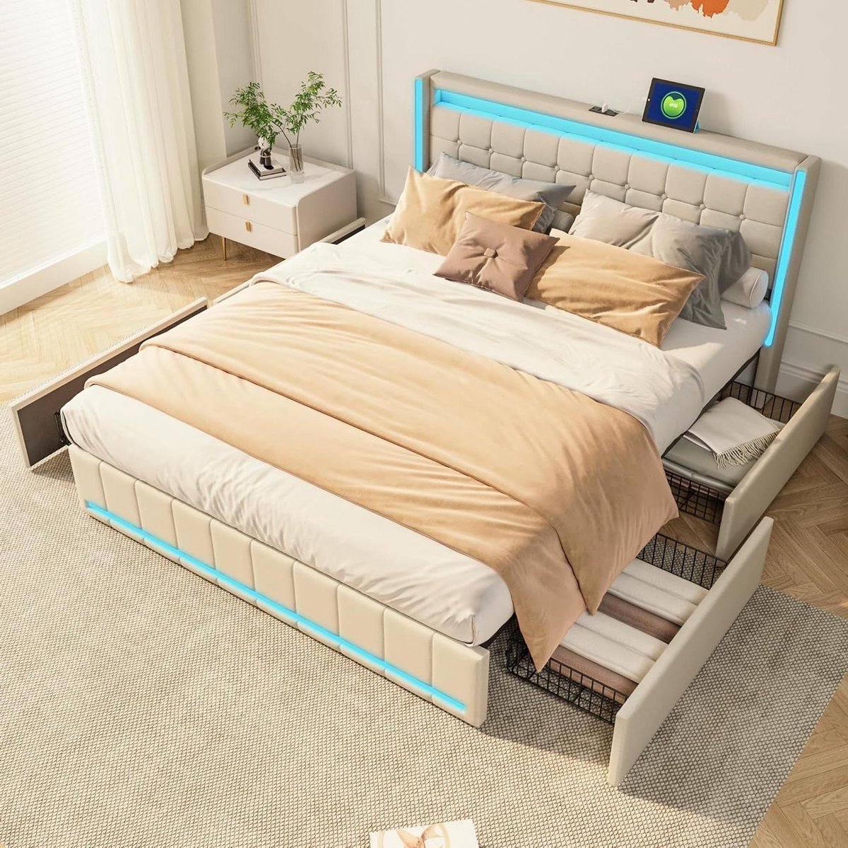 Gecapitonneerd Bed - Gestoffeerd Bed - Moderne Slaapkamer - Met Ingebouwde USB - 140 x 190 cm - Beige
