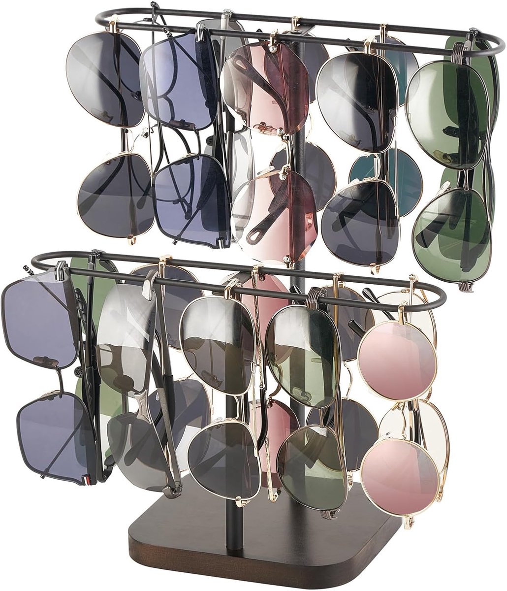 Sunglasses Organiser - Glasses Holder - 2 Levels - Sunglasses Storage - Glasses Stand - Metal Frame met Wooden Base - voor 24 Pairs of Glassen - voor Tafel - Bureau - Aanrecht - Lade