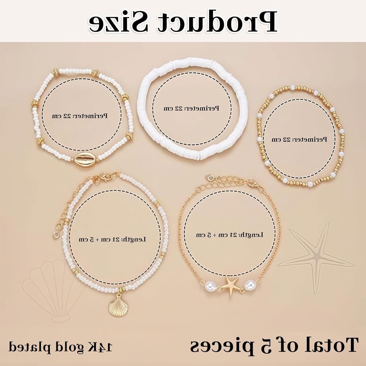 5-delige Boho Schelp Voetbanden Set voor Dames, 14 Karet Boho Parels, Handgemaakte Verstelbare Enkelbanden voor Strand en Feestjes, Perfecte Cadeaus voor Zomeroutfits