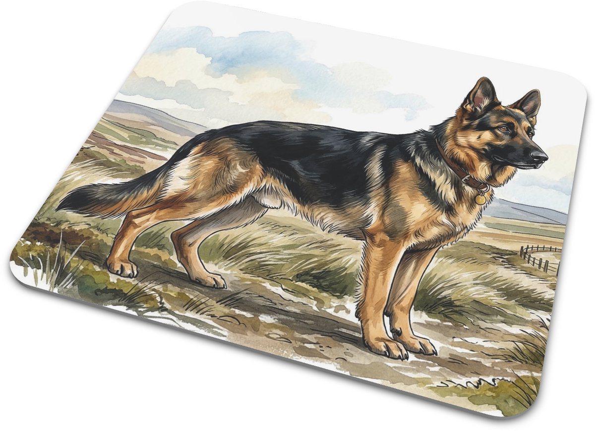 Muismat met Duitse herder in heidelandschap - Honden Serie - Prachtige aquarel illustratie van trouwe hond - Leuke bureau accessoire voor thuiswerkplek en kantoor - Ideaal cadeau voor hondenliefhebber en dierenvriend