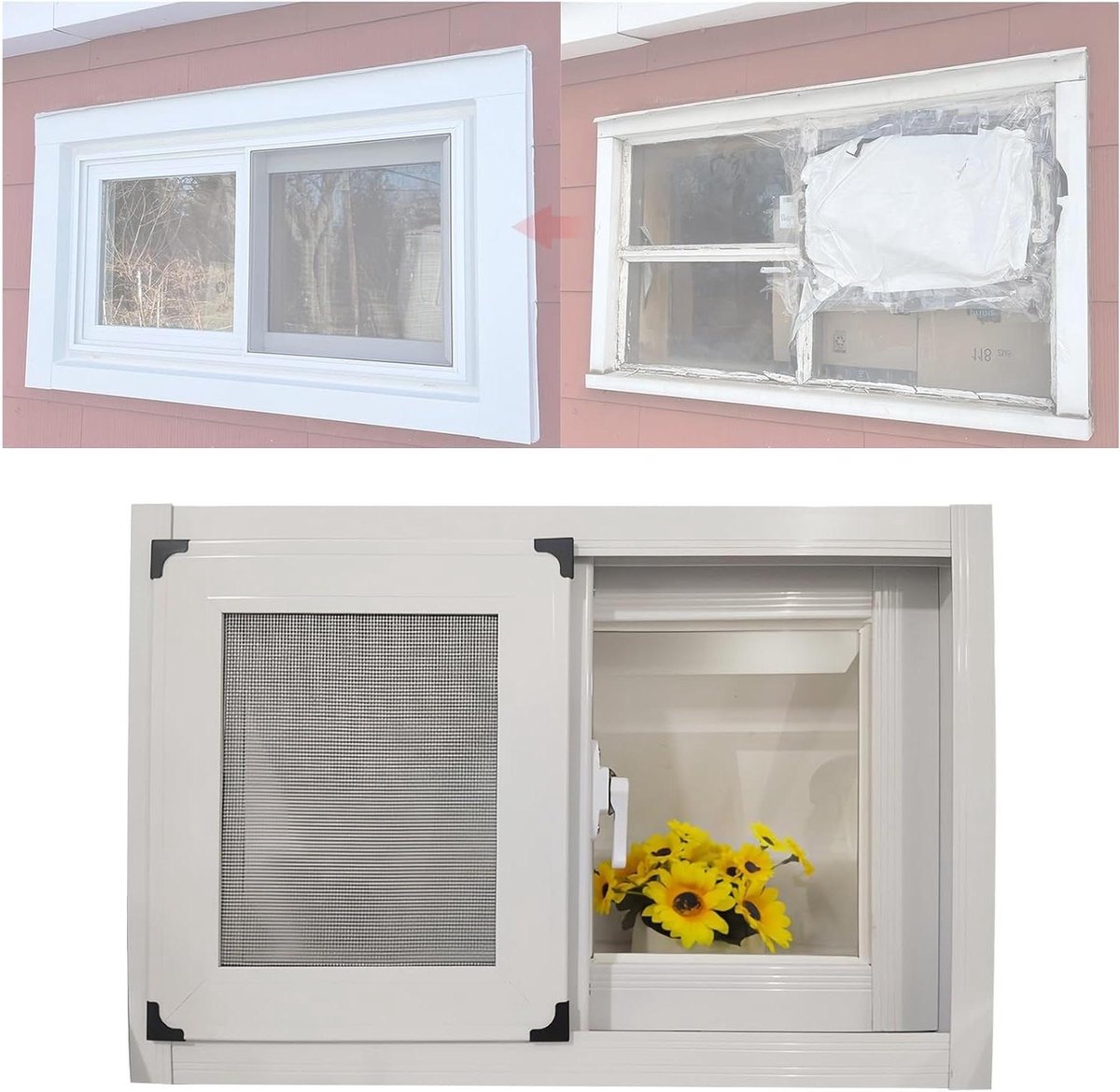 Kelderraam met Scherm - Schuifraam Inbouw - Ventilatie en Licht - Duurzaam Aluminium Frame - 86 x 58 cm - Transparant
