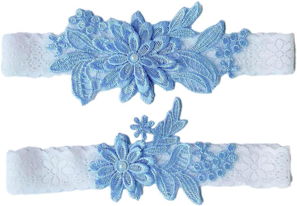 Bruidskousenband set - Bruidssieraden - Bruiloft versieren - Geborduurd met bloemen - 40-60 cm - Blauw
