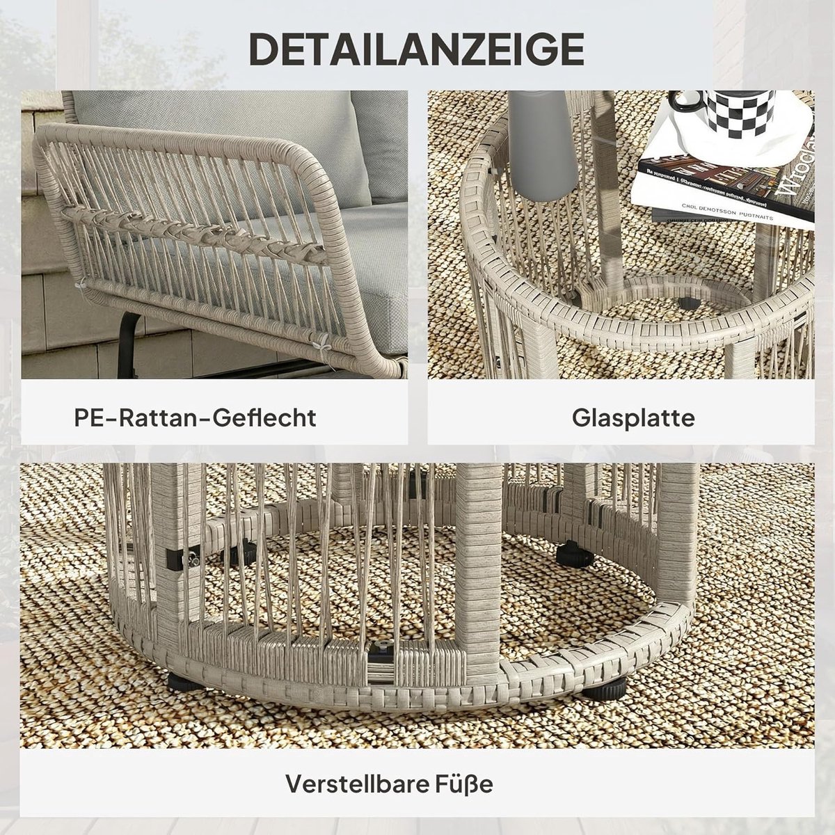 Tuinmeubelset 3-Delig 122x79x75 cm Polyrotan Loungeset met Chaise Longue, 2-Zitsbank, Glazen Tafel, Afneembare Kussens, Weerbestendig voor Tuin, Terras en Balkon Lichtgrijs - Mobili Bella