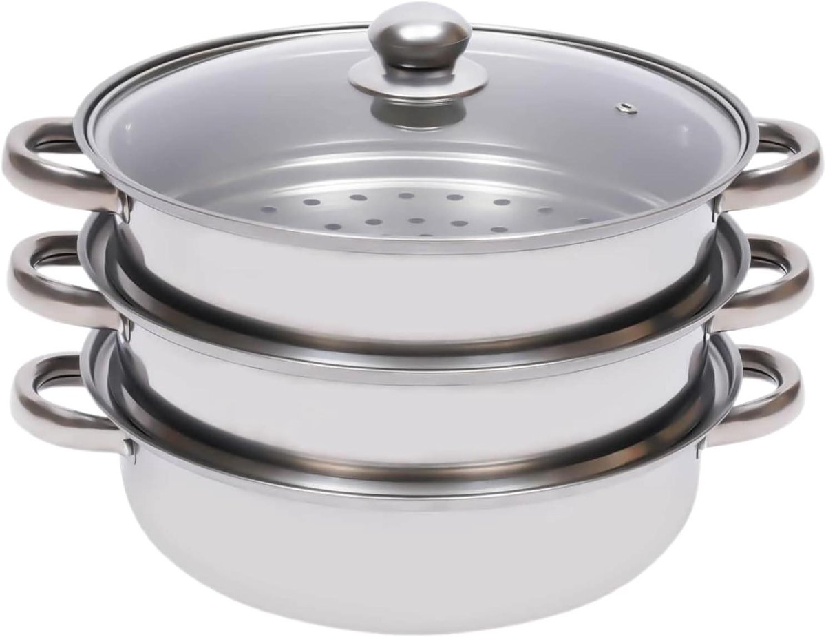 Stoompan Set - Kookpan Stomer - Gezond Koken - Stapelbaar Ontwerp - 28 Centimeter - Zilver