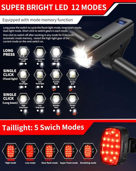 6000LM fietskoplamp, USB-C oplaadbaar, ultraheldere fietslamp met hoge lichtopbrengst, geschikt voor nachtelijke ritten, 12+5 standen, waterdichte fietslamp, geschikt voor racefietsen, mountainbikes en andere fietsroutes. — afbeelding 4