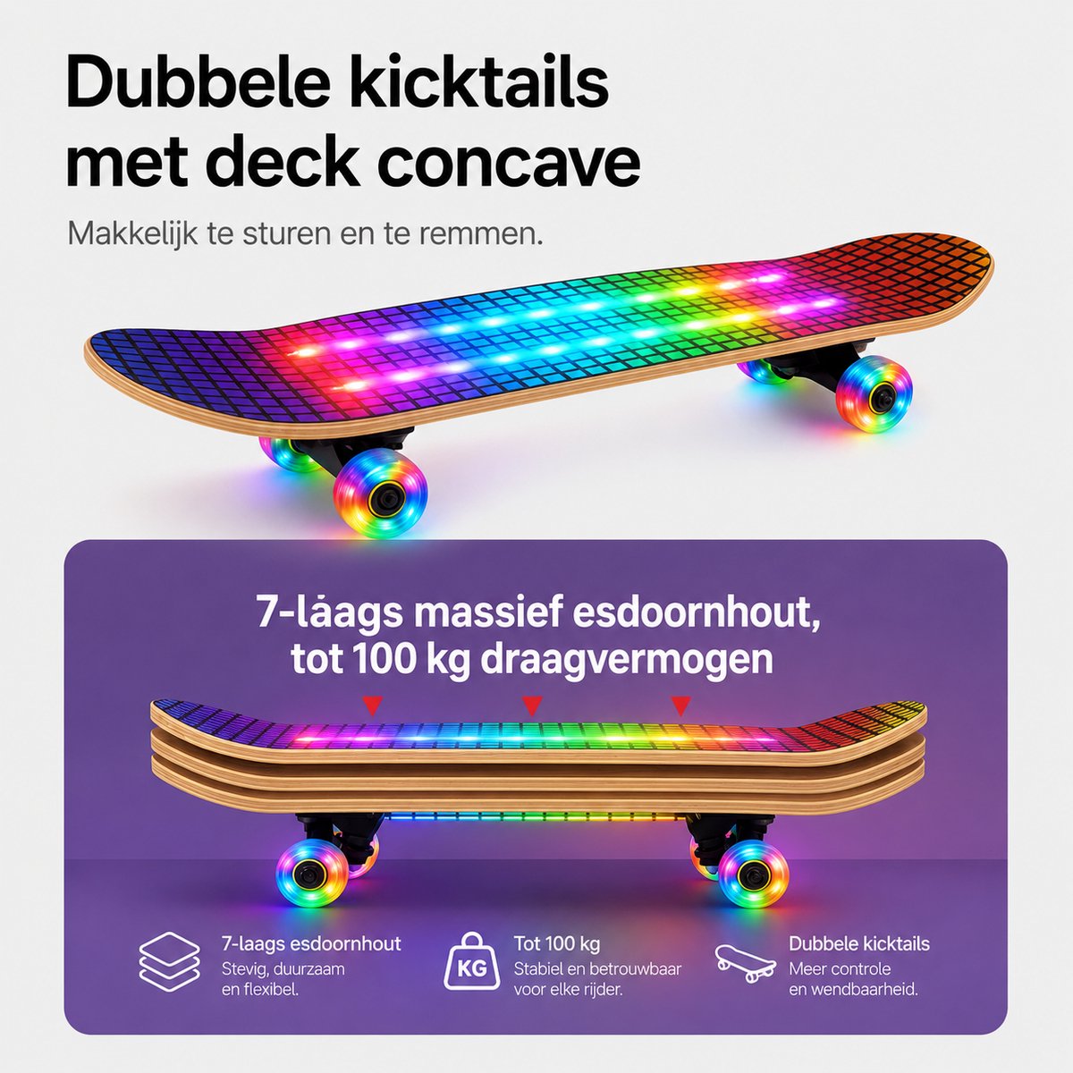 Suotu Skateboard met LED Lichtgevend Dek & Wielen - 80x20cm - ABEC-9 - 95A - Schokabsorptie - Jongens - Meisjes - Volwassenen Skateboards - Gekleurde pijlen — afbeelding 4