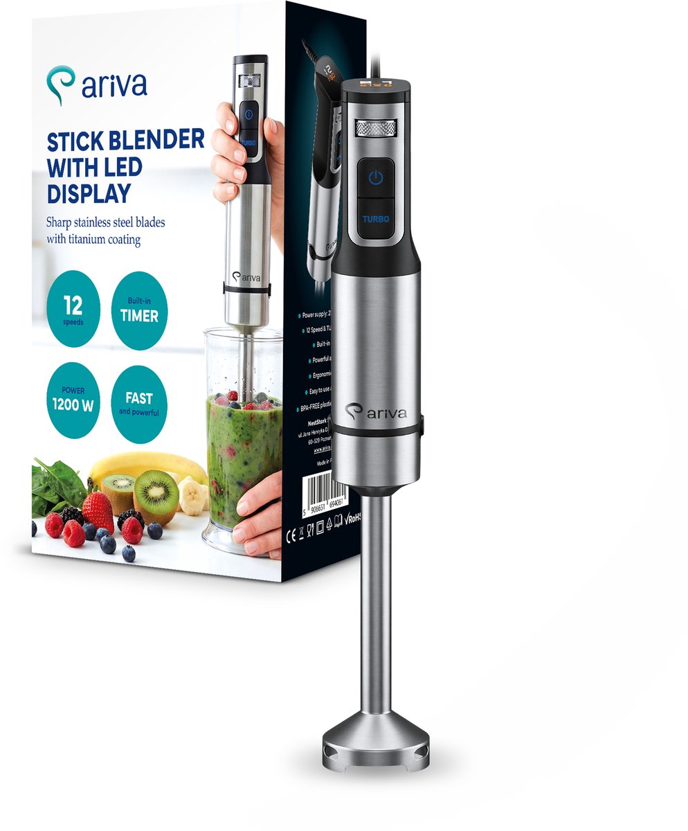 ARIVA-Staafmixer-Led-display-1500W-Mixen, hakken, blenden-Titanium mes-Timer