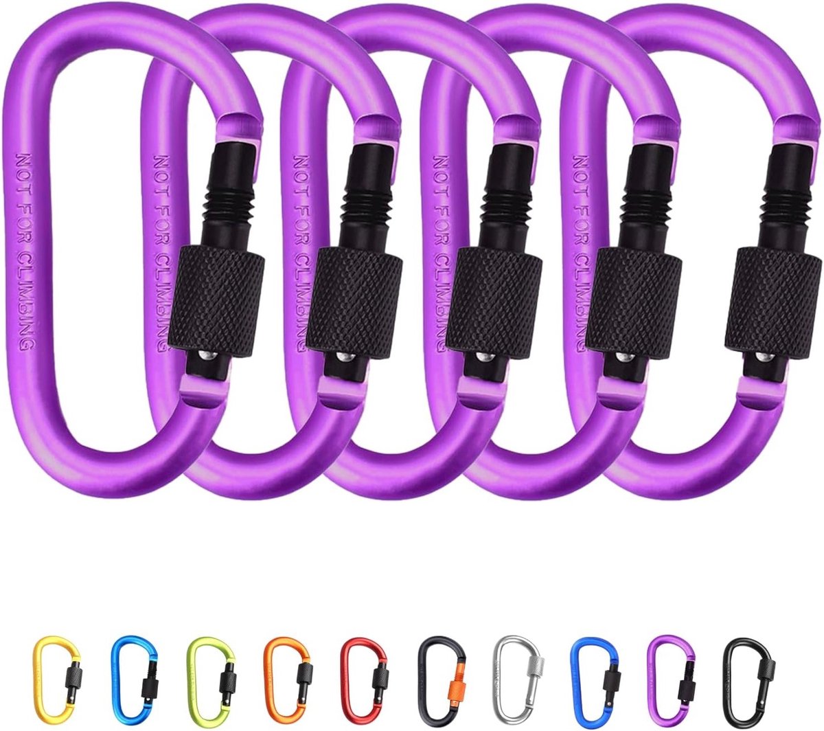 SnelShoppen - 5 Stuks 8 cm Paarse Aluminium Legering D-Ring Carabiner Clips - Sleutelhanger Haak voor Camping, Hiking, Reizen, Vissen, Rugzak