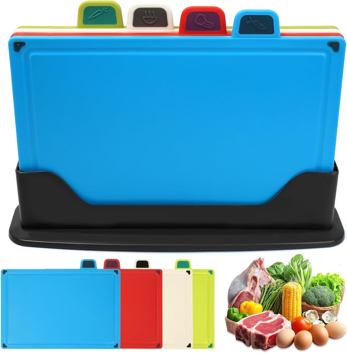 Set van 4 Kleurgecodeerde Snijplanken met Stand, Herbruikbare Plastic Planken, Vaatwasserbestendig en Antislip, Ideaal voor Keuken en Koken, 30 x 20 cm