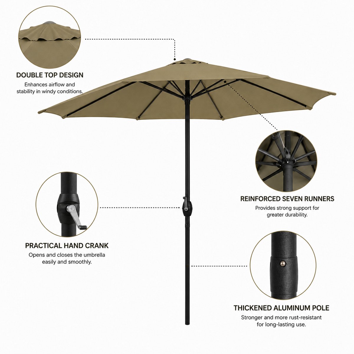 Stokparasols - Strandparasols - Balkonparasols - Parasol - 350cm - Waterdicht - UV-bescherming - Beige - Weerbestendig & in hoogte verstelbaar Balkonparasol Tuinparasol Patioparasol Zonwering UV-bescherming Opvouwbare marktparasol – foto 4