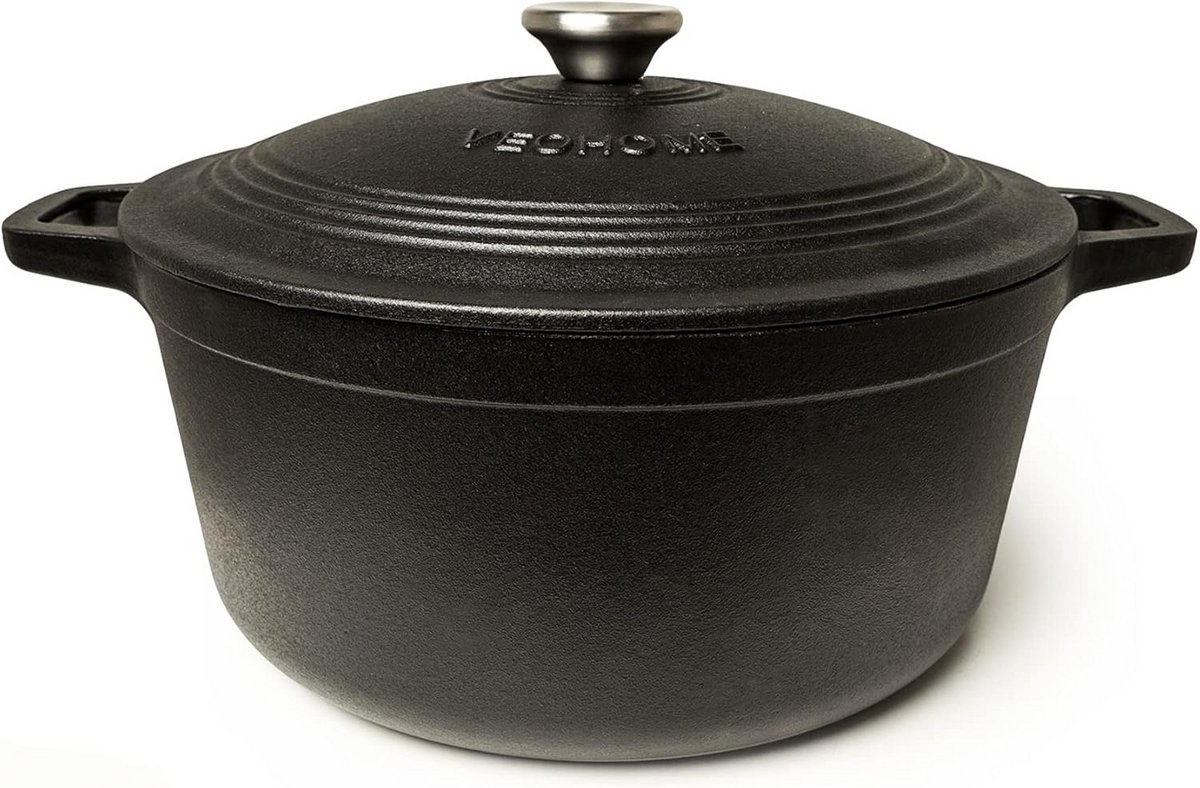 Gietijzeren Braadpan Stoofpan Cocotte Langzaam Garen Gelijkmatige Warmte 6 Liter Mat Zwart