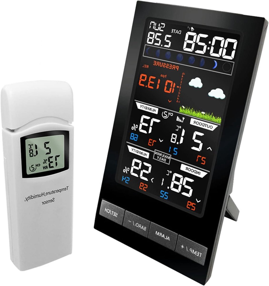 Weerstation Binnen Buiten - Temperatuur Monitor - Weersvoorspelling Zien - Radio Gestuurde Klok - 20x12x8cm - Zwart