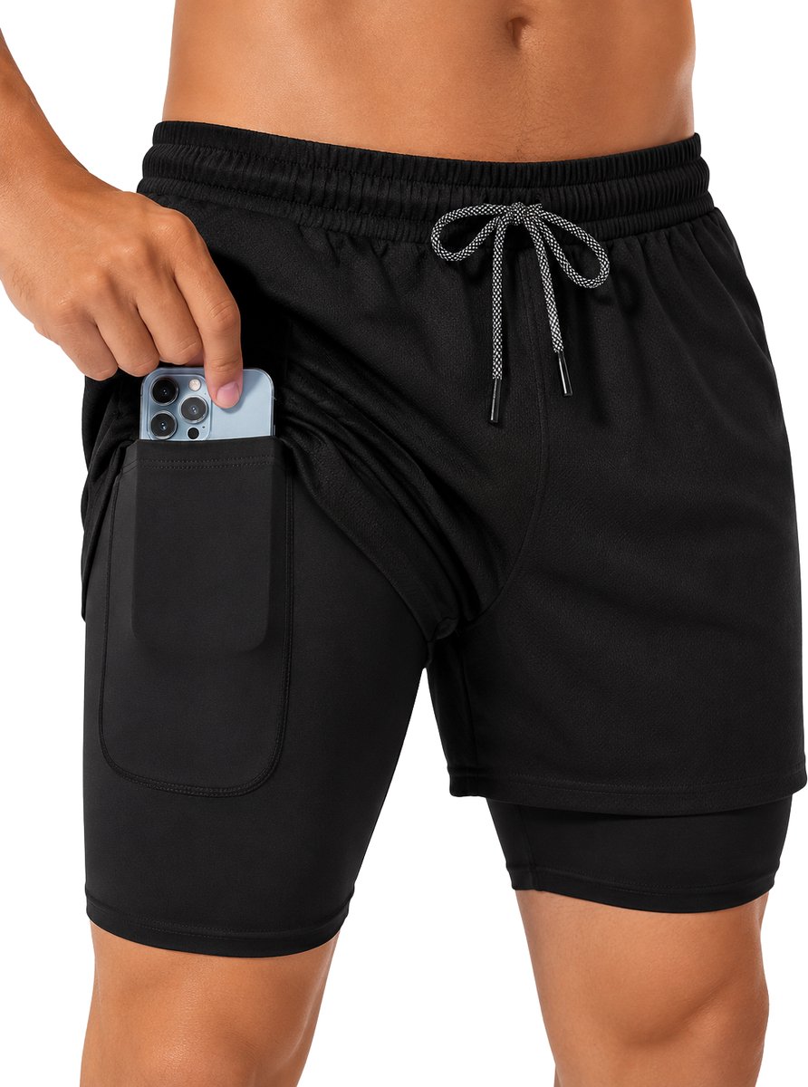 SparkNine Stridex fitness short heren - dubbellaags - met telefoonzak - M - zwart - sneldrogend - met handdoeklus & zakken - functioneel & comfortabel
