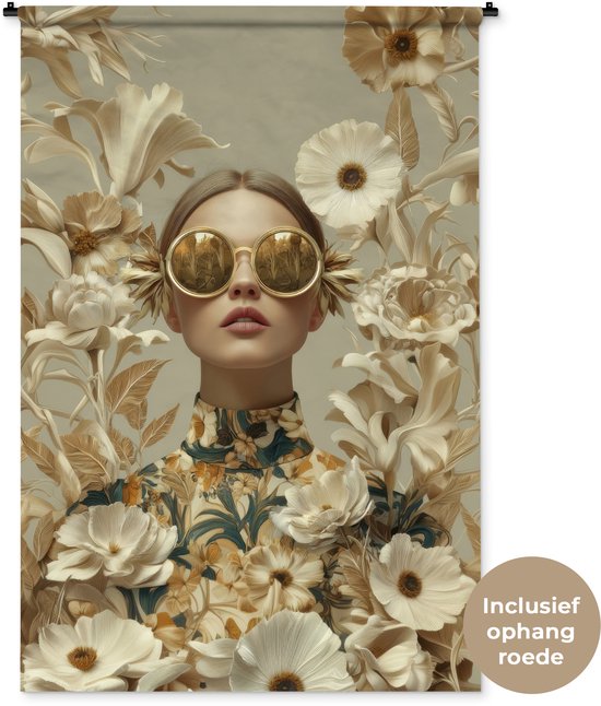 Wandkleed 120x180 cm - Wanddoek Vrouw - Bloemen - Zonnebril - Wit - Wandtapijt - Wandkleden