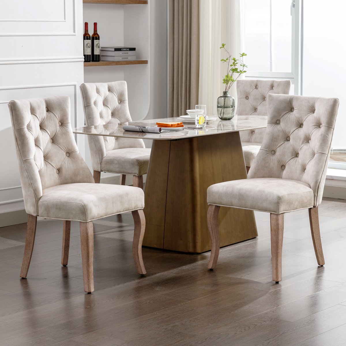 Welltin Set van 4 eetkamerstoelen - Eettafelstoel - Eetkamerstoel - Keukenstoel - Stoel - Fluweel - 51x51x97 cm - Lichtbeige