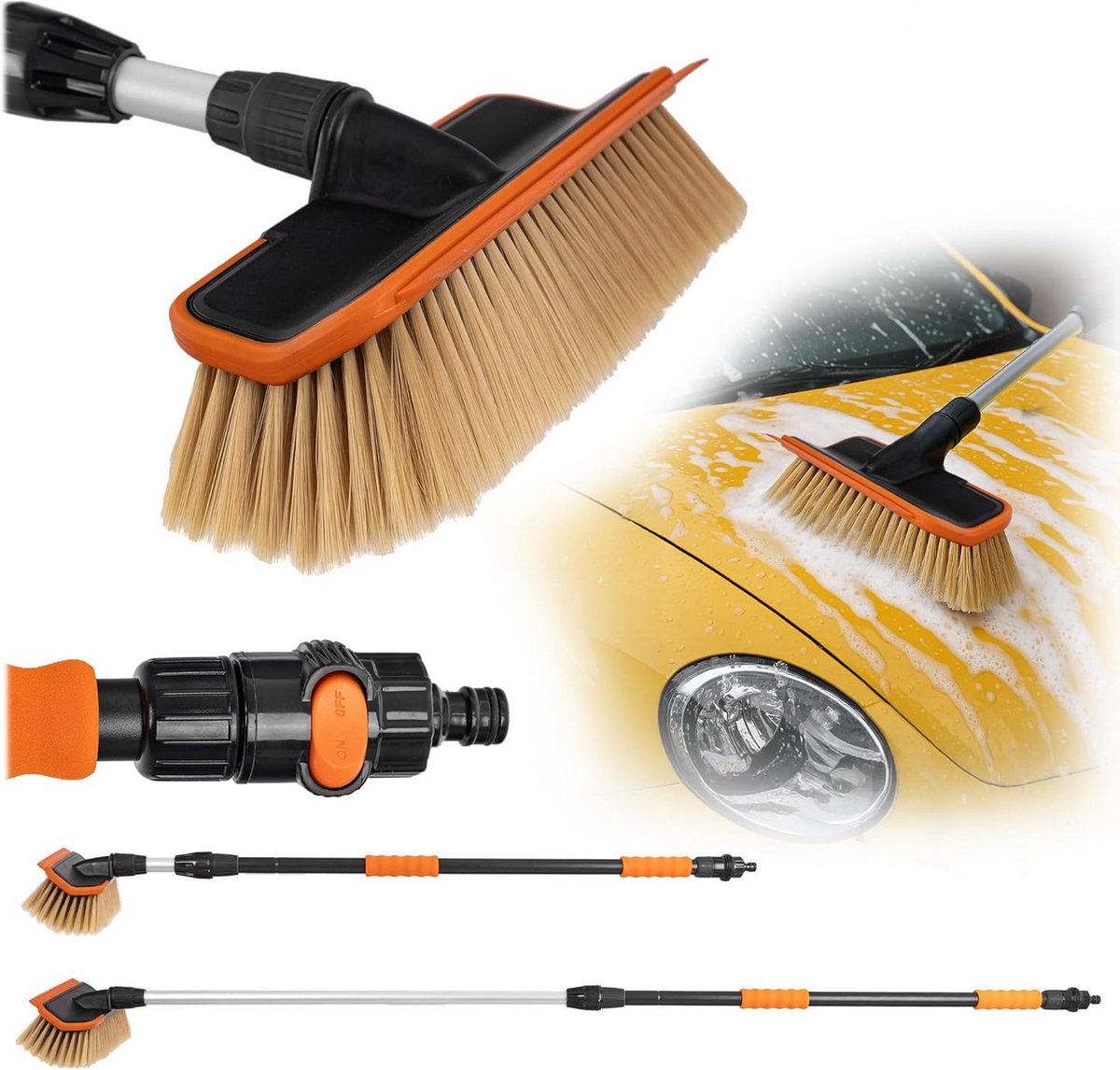 Telescopische Wasborstel - Verstelbare Schoonmaakborstel - Auto Reinigen - Geïntegreerde Waterdoorvoer - Tot 181 cm - Zwart Oranje