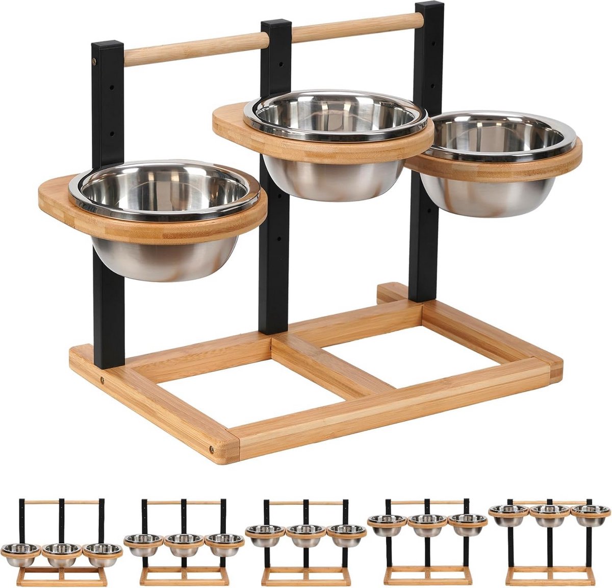 Hondenvoerbak Verhoogd - Voerstation Honden - Comfortabel Eten - 5 Hoogtes Instelbaar - 3x 1.4L Bakken - Houtkleur
