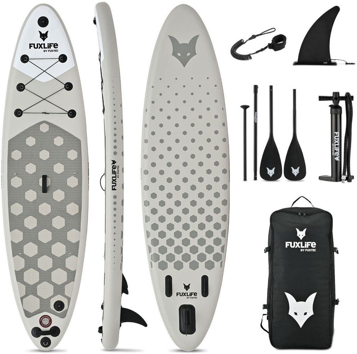 FUXLIFE by FUXTEC SUP Board FX-SUP320D1 grijs | Stand Up Paddle Board | opblaasbaar met pomp | 3 vinnen | 150 kg draagvermogen