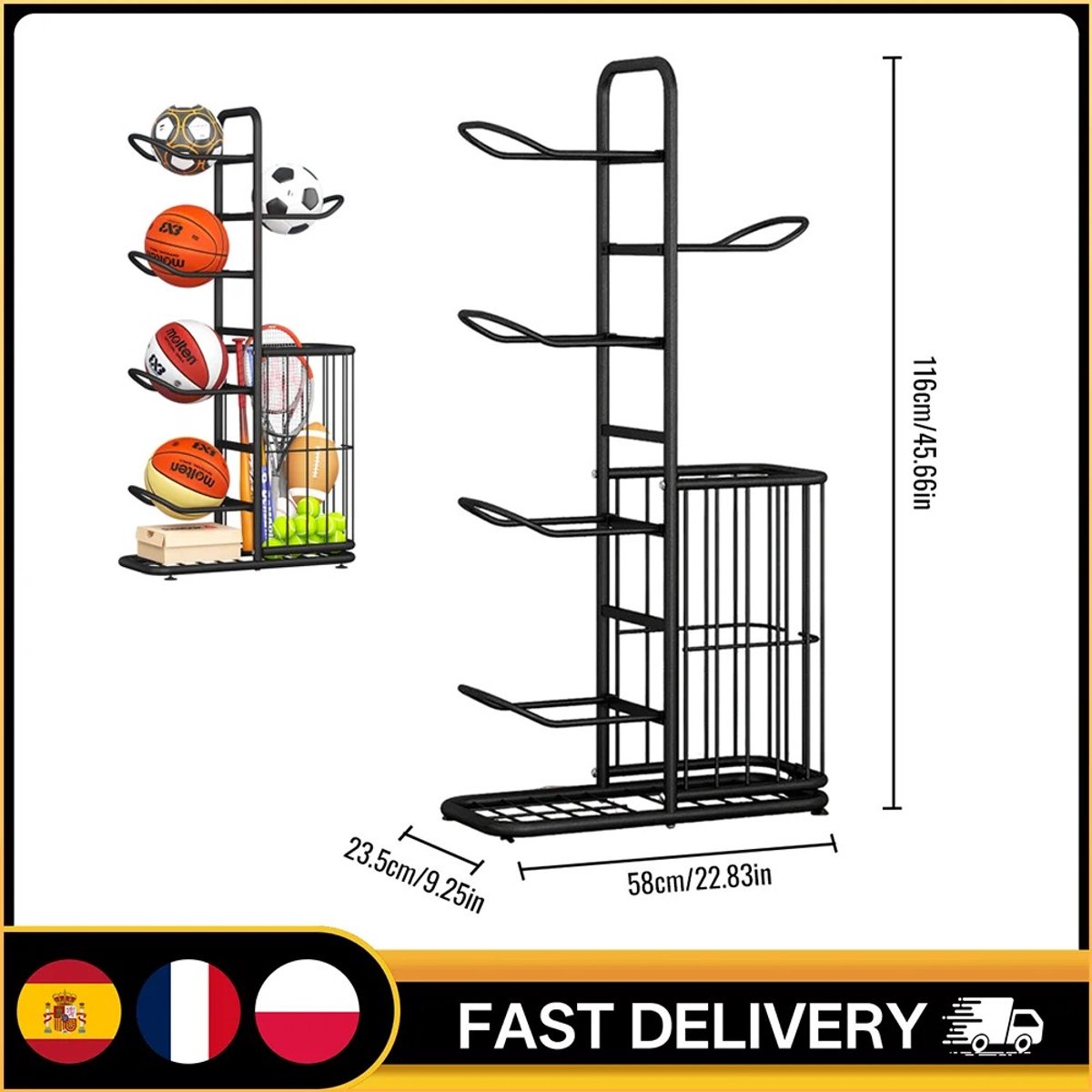 Dailygoods Opbergrek voor sportartikelen met verstelbare planken, garage- en binnenorganizer voor basketbal, voetbal, vo