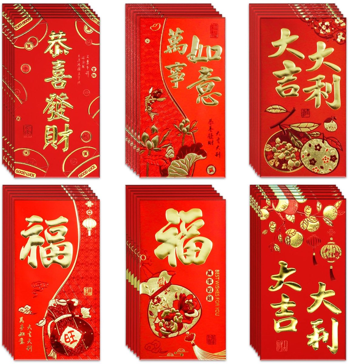 Dailygoods- Rode Enveloppen 36 Stuks - Geluksrode Enveloppen - Gouden Reliëfpatroon - Maan Nieuwjaar - Lente Festival - Hoogwaardig Papier - Geld Enveloppen