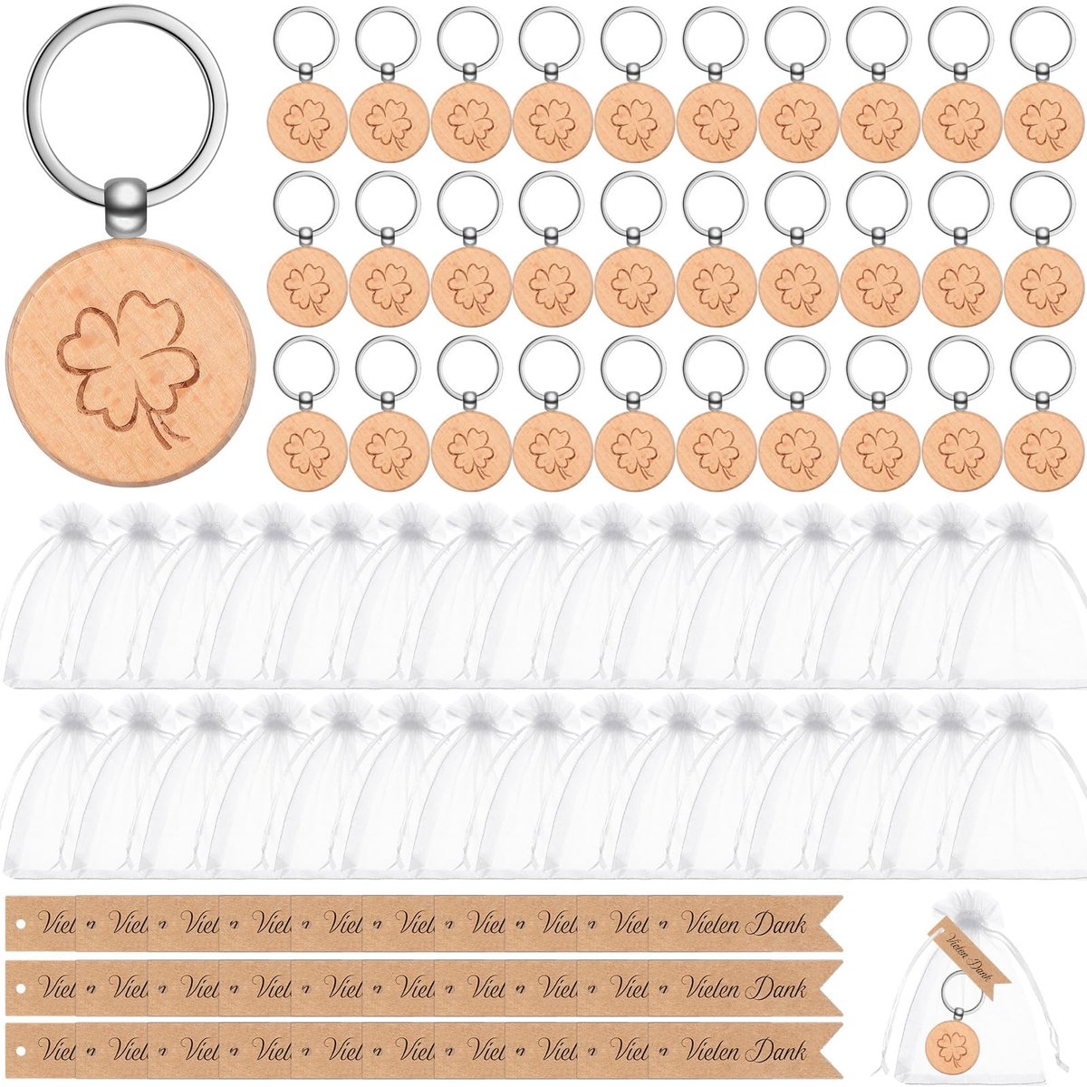 Bedankje cadeauset - Houten sleutelhanger - Veel geluk - 30 sets - Klavertje vier - Geluksbrenger voor collega's - Uniseks voor volwassenen