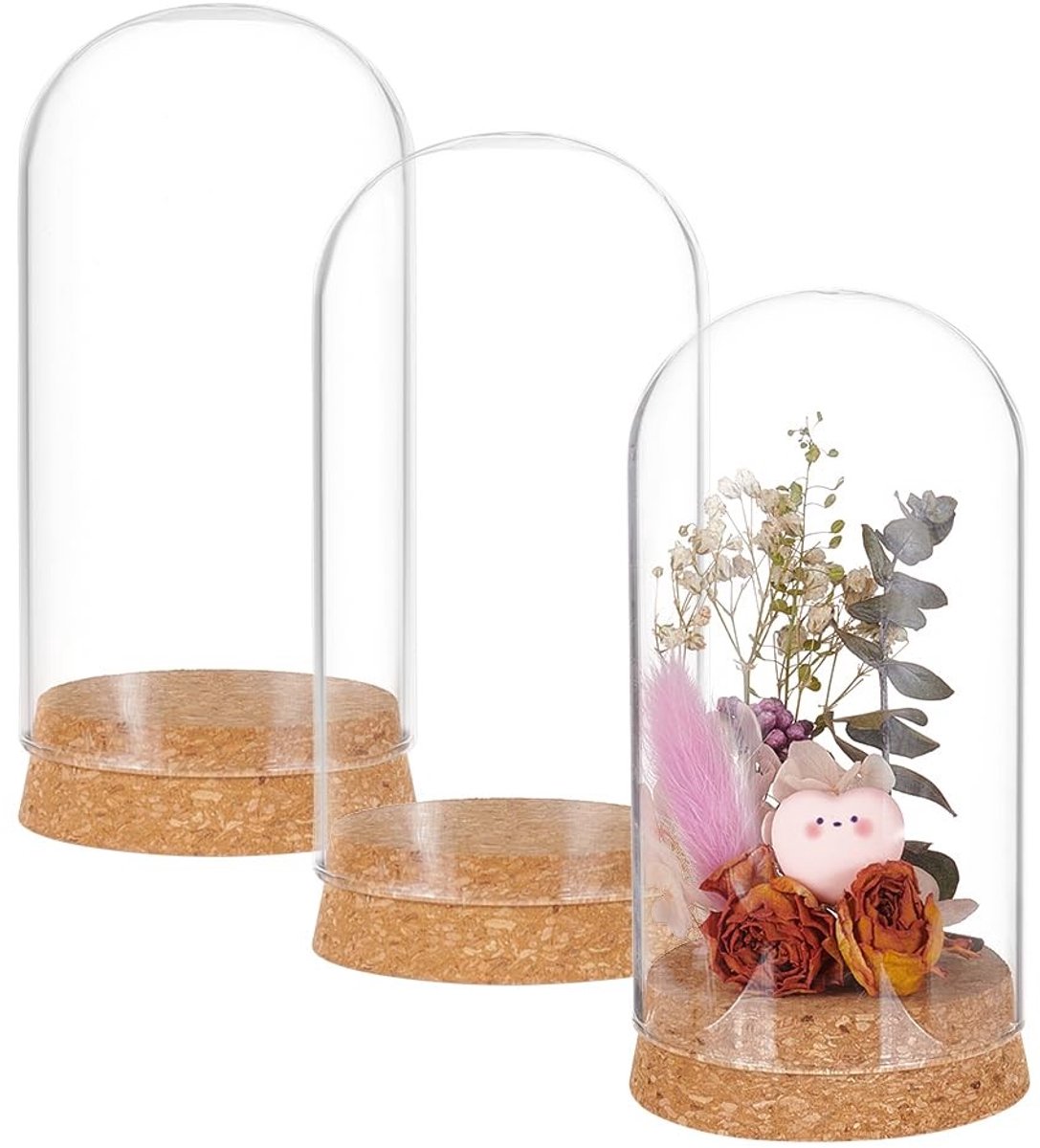 Dailygoods- Glazen Potten - Set van 3 - Decoratieve Koepelvorm - Houten Deksel - Voor Bloemplanten - Afmetingen 65 x 133 mm - Decoratieve Pot