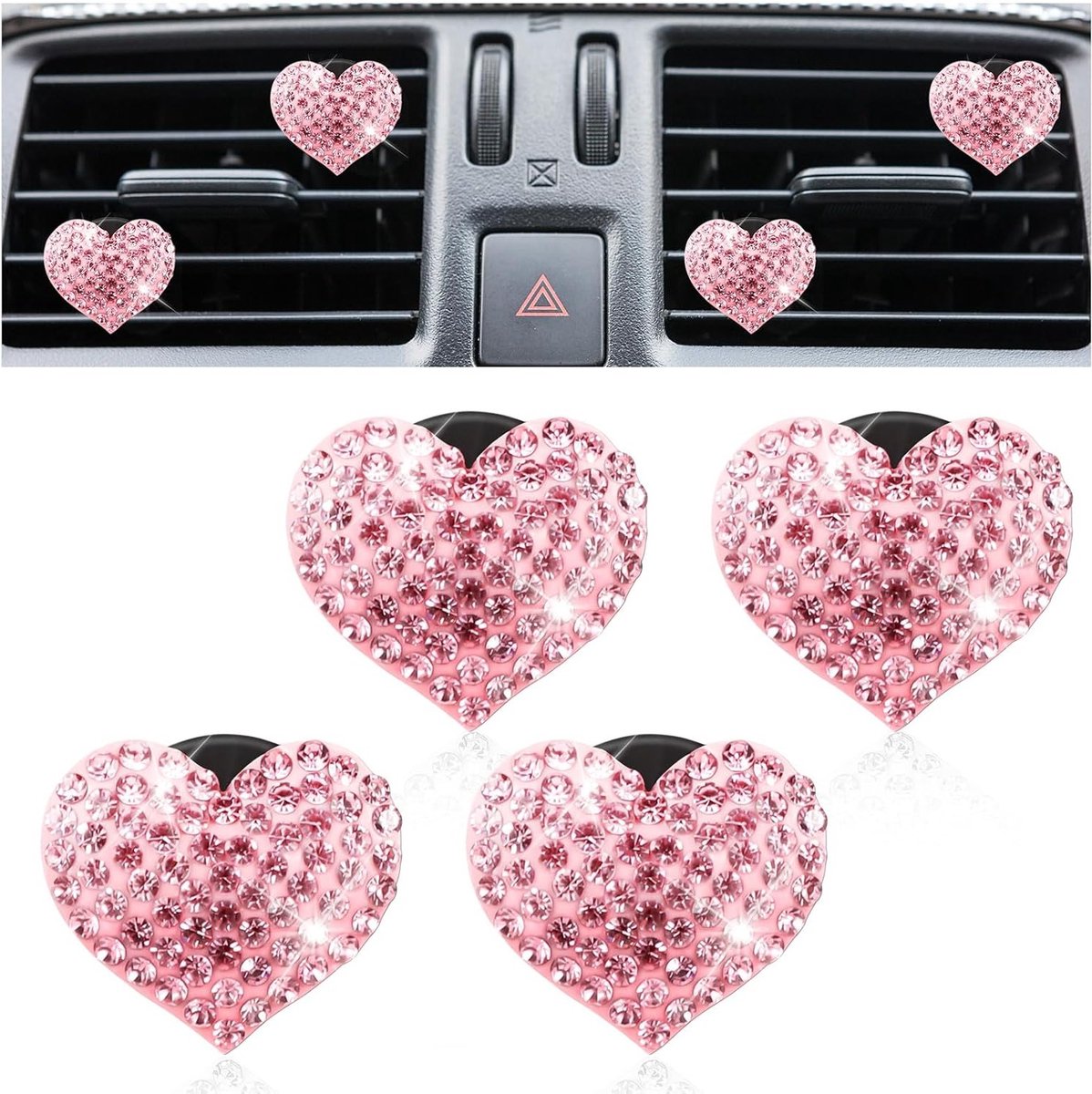 4 Stuks Bling Hart Ventilatieclips voor Auto, Kristallen Luchtverfrisser en Interieurdecoratie met Diamanten en Rhinestones voor Vrouwen en Meisjes