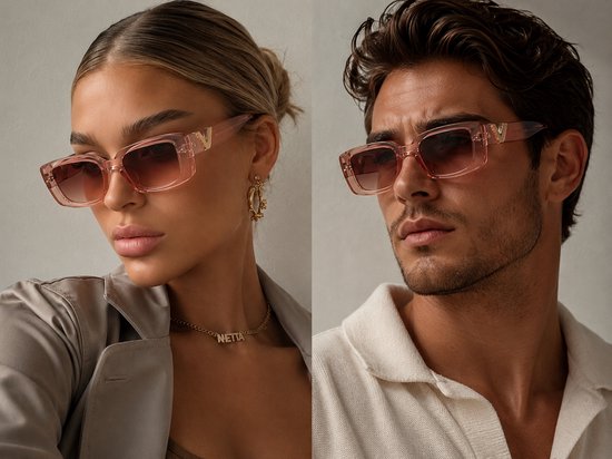 Dames Zonnebril | Trendy Dames Eyewear |Dames bril | bril | brillen | zonnebril | zomer bril |Zonnebril - Rechthoekig Model - Roze Montuur - Lichte Glazen - Bril - Met V - Goud | Sunglasses | Festival Bril | Rave Bril | Champagne Roze Zonnebril — afbeelding 2