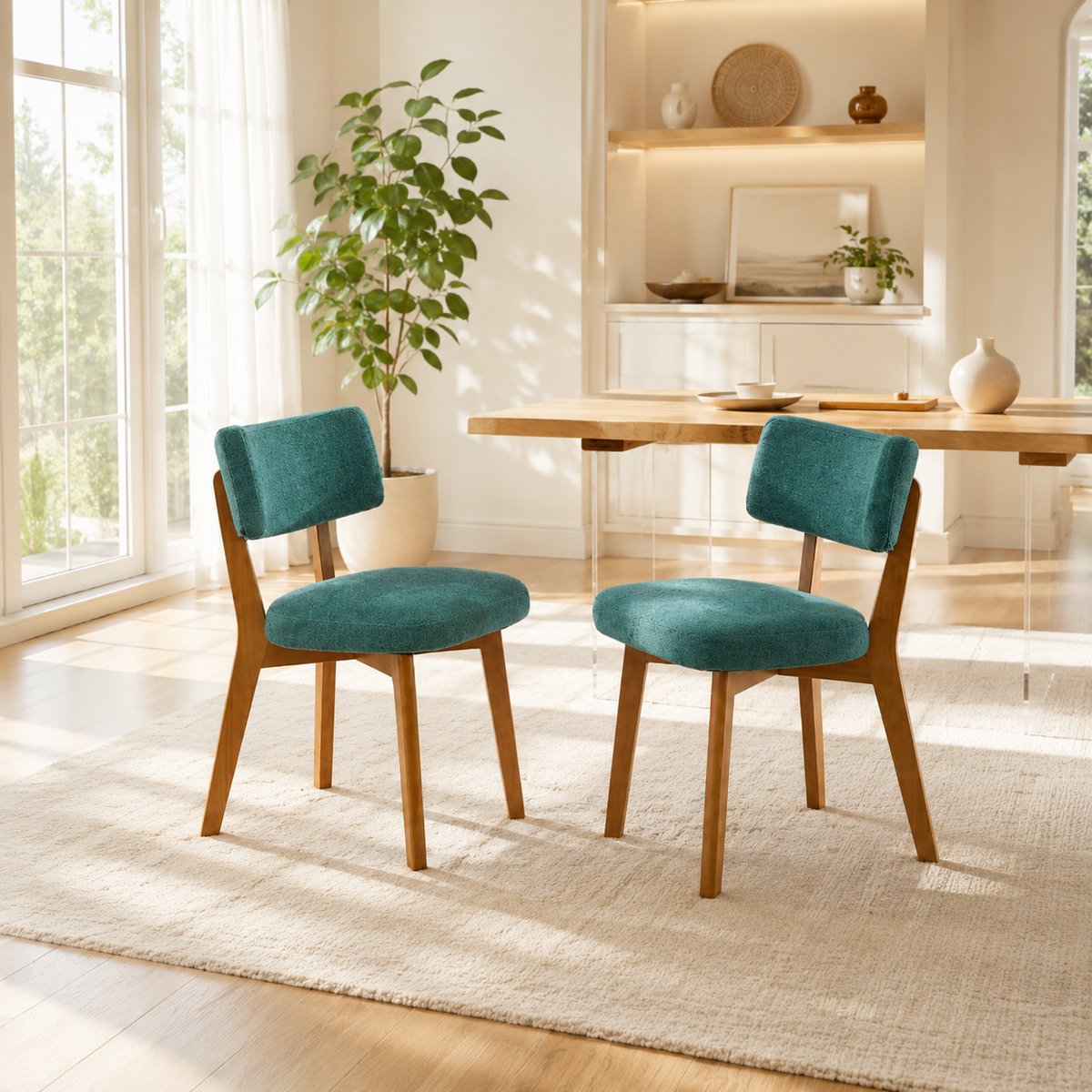 Welltin Eetkamerstoelen Set Van 2 - Eetkamerstoel - Eetkamerstoelen - Gewatteerde zitting - Stoelpoten van massief hout - Stoelen met stoffen bekleding - Moderne middeleeuwse stijl - Groen