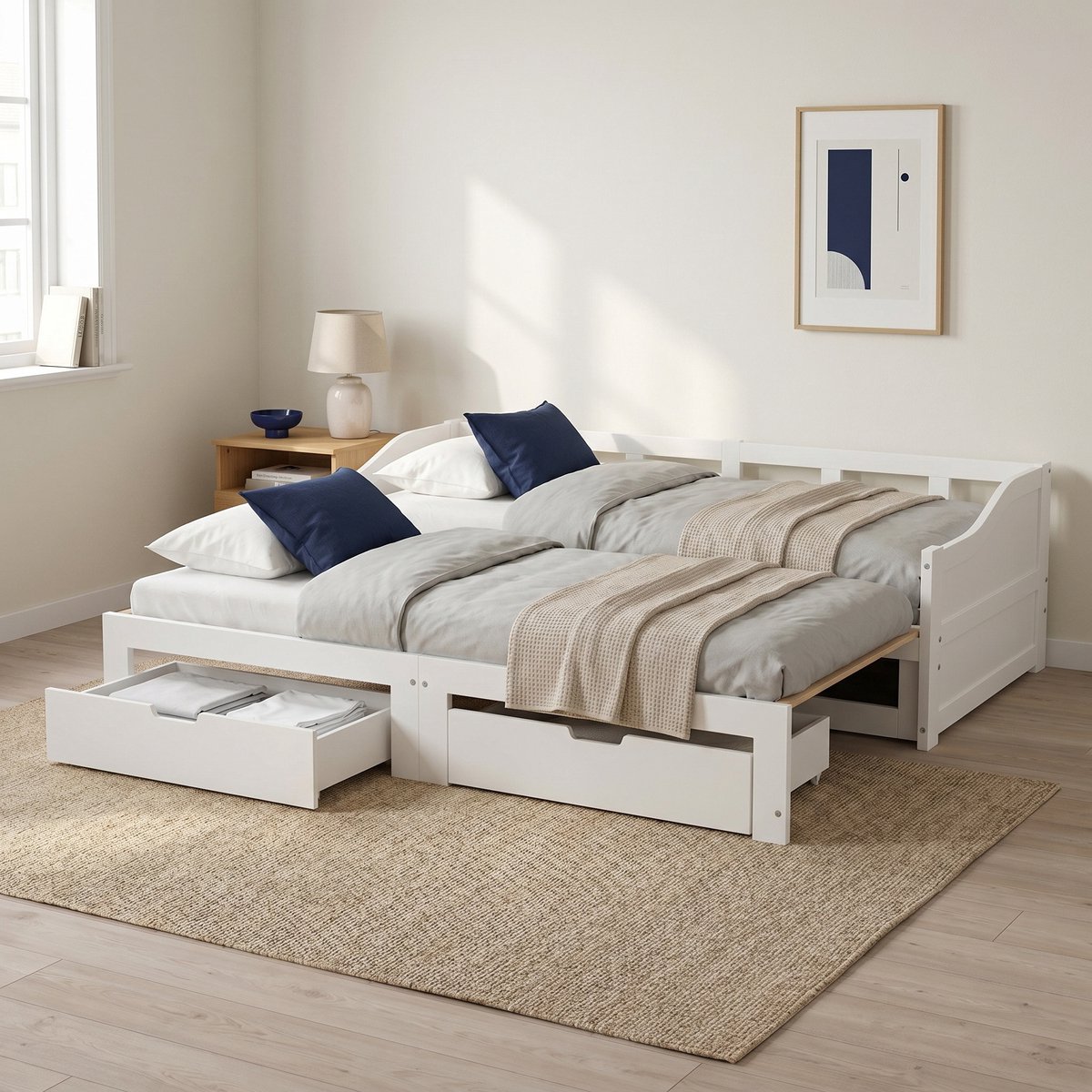 Mofor Bedbank - Uitschuifbed 90/180x200 cm - met 2 lades - Slaapbank - Daybed - Hout - Wit
