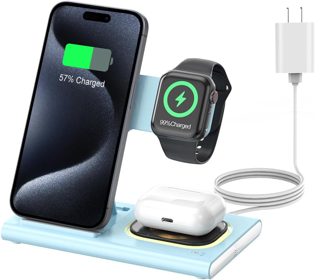 3-in-1 Draadloos Oplaadstation, Opvouwbare Oplaadstandaard, Geschikt voor iPhone 17, 16, 15, 14, 13, 12 en 11 Pro Max, Apple Watch en AirPods, Draadloos Opladen, Blauw